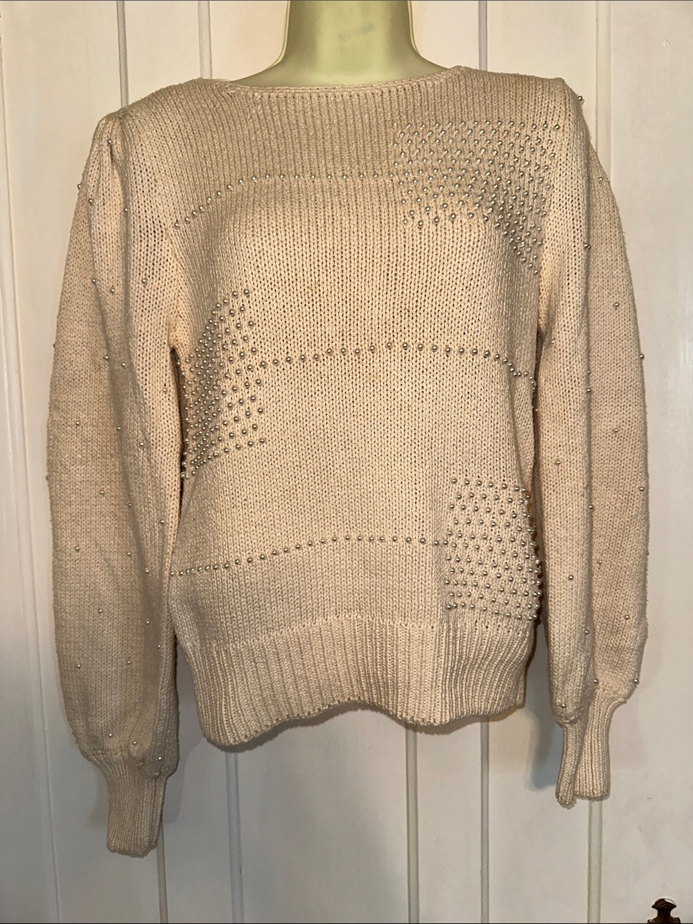 Vintage 80s Lloyd Williams Cream Pearl Beaded Knit Silk/Cotton Sweater